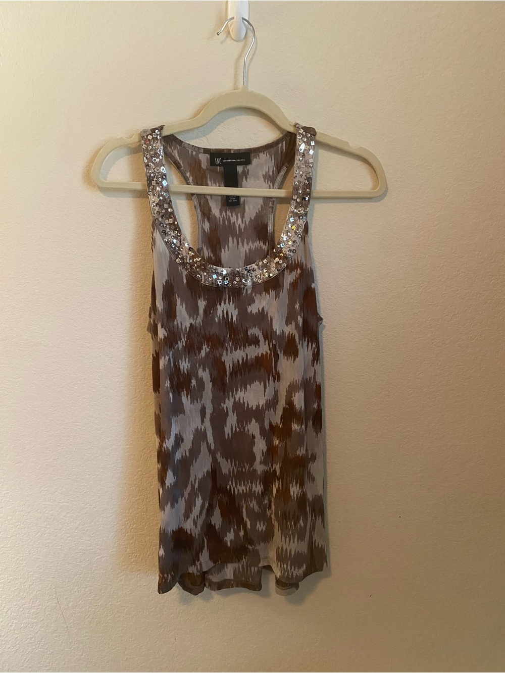 INC International Concepts Brown and Cream Sequined Scoop Neck Tank